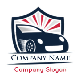 Stylized car with a shield emblem in a logo design.