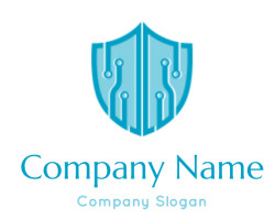 Icon of a digital shield with a circuit design representing cybersecurity.