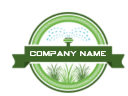 A green circular logo featuring a sprinkler with water droplets and grass elements.