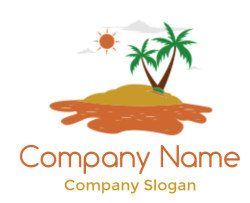 Illustration of a tropical island with palm trees under the sun.