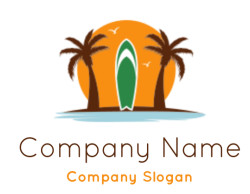 Illustration of a surfboard between two palm trees against a sunset backdrop.