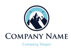 Minimalist mountain logo with birds in a blue circle.