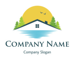 real estate logo gable roof on water sun trees