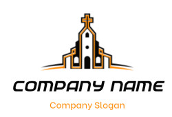 A stylized church icon with a cross on top, featuring a simple architectural design.