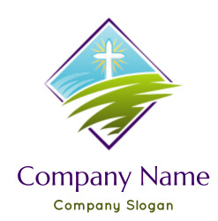 Illustration of a cross on a green hill with a blue sky background and sun rays.