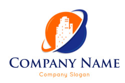 A modern logo design with an abstract cityscape in orange and blue.