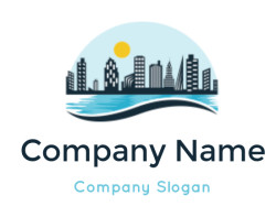 Illustration of a city skyline with ocean waves and a sun in the background.