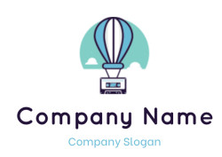 Illustration of a hot air balloon with a blue and white design against a sky with clouds.