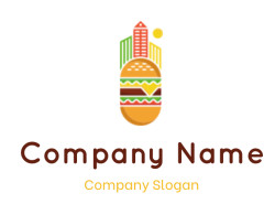 A pixel art illustration of a burger combined with a cityscape featuring buildings and a sun.