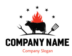 Barbecue grill logo featuring a bull silhouette, flames, stars, and grilling utensils.