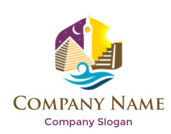 Abstract design featuring a pyramid, lighthouse, sun, stairs, and wave.