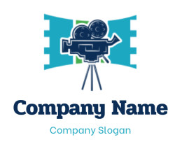 Silhouette of a vintage movie camera on a tripod with a film strip backdrop.