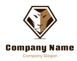 Geometric lion logo with brown and white color scheme.