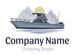 Stylized illustration of a boat with fishing rods, set against a mountain backdrop.