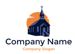 Illustration of a church silhouette against an orange sunset background.