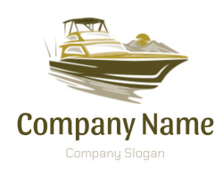 Illustration of a stylized yacht with mountains and sunset in the background.