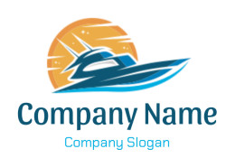 Logo featuring a stylized speedboat against a sunset backdrop.