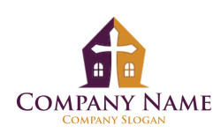 Illustration of a church with a prominent cross symbol in the center and two windows.