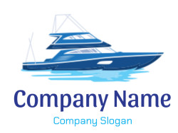 Illustrated blue luxury yacht on the water.
