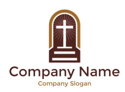 Illustration of a white cross with radiating light, set within an arch design.