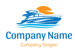 Silhouette of a luxury yacht with a sunset in the background, against blue waves.