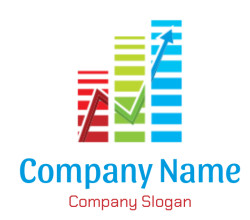 Colorful bar graph with red, green, and blue upward arrows