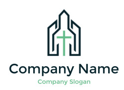 Logo featuring a green cross centered within a black geometric outline resembling a building or cathedral.