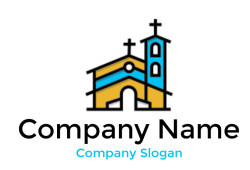 Illustrated icon of a church with a cross and bell tower.