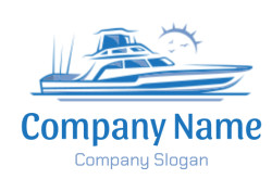 Stylized blue illustration of a yacht with a sun in the background.