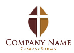 Modern logo featuring a shield with a cross, using brown and orange geometric shapes.