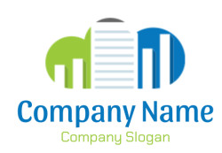 Abstract logo featuring green and blue skyscraper shapes.