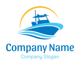 Stylized boat logo featuring waves and a sun.