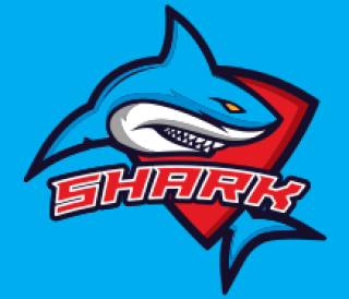 Colorful shark illustration with the word 'Shark' in bold letters, designed as a sports team logo.