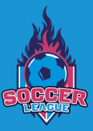 Soccer League emblem featuring a flaming soccer ball on a blue background.