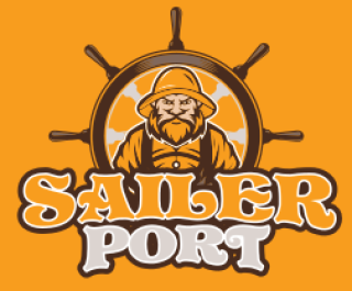 Sailor Port logo featuring a sea captain with a ship wheel on an orange background.