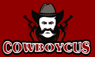 Cowboycus logo featuring a cowboy with mustache and hat, flanked by guns, on a red background.