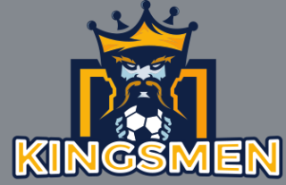 Kingsmen logo featuring a crowned figure holding a soccer ball.