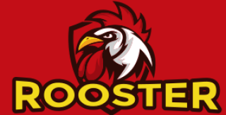 Rooster logo with bold text on a red background.