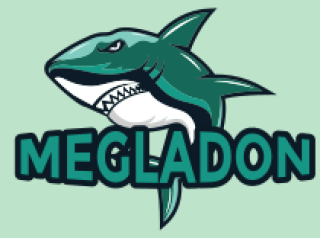 Cartoon-style logo of a Megalodon shark with text 'MEGLADON'.