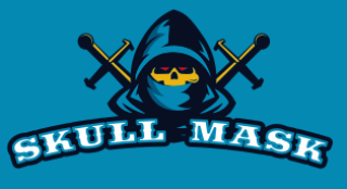 Logo featuring a hooded skull mask with crossed swords on a blue background.