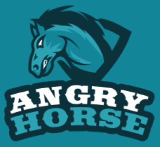 Stylized angry horse logo with bold lettering on a blue background.