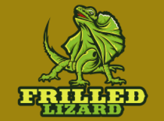 Illustrated green frilled lizard logo design with text.