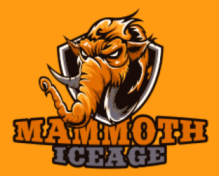 Illustrated Mammoth Ice Age logo featuring a mammoth with tusks on an orange background with shield.