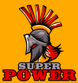 Illustrated Spartan helmet with red plume and text 'Super Power' on orange background.