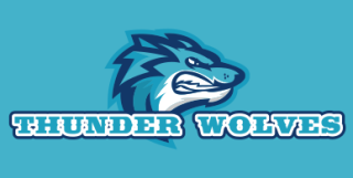 Thunder Wolves logo featuring a blue wolf graphic on a turquoise background.