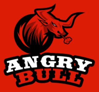 Angry Bull logo with smoke puff on a red background.