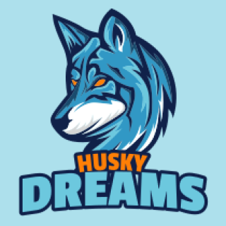 Illustrated blue husky logo with the text 'Husky Dreams'.