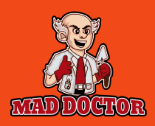 Cartoon of a mad doctor with a red tie and gloves holding medical tools on an orange background.