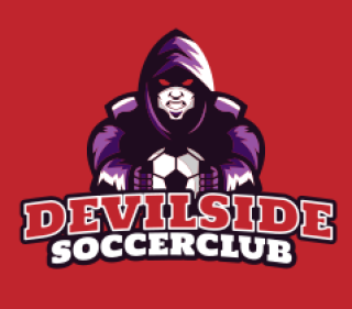 Logo of Devilside Soccer Club featuring a hooded figure with a soccer ball on a red background.