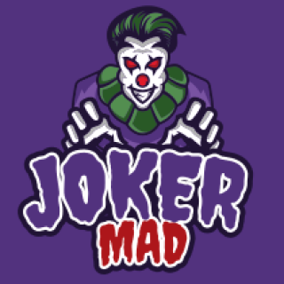 Joker Mad clown logo featuring a sinister clown face on a purple background.